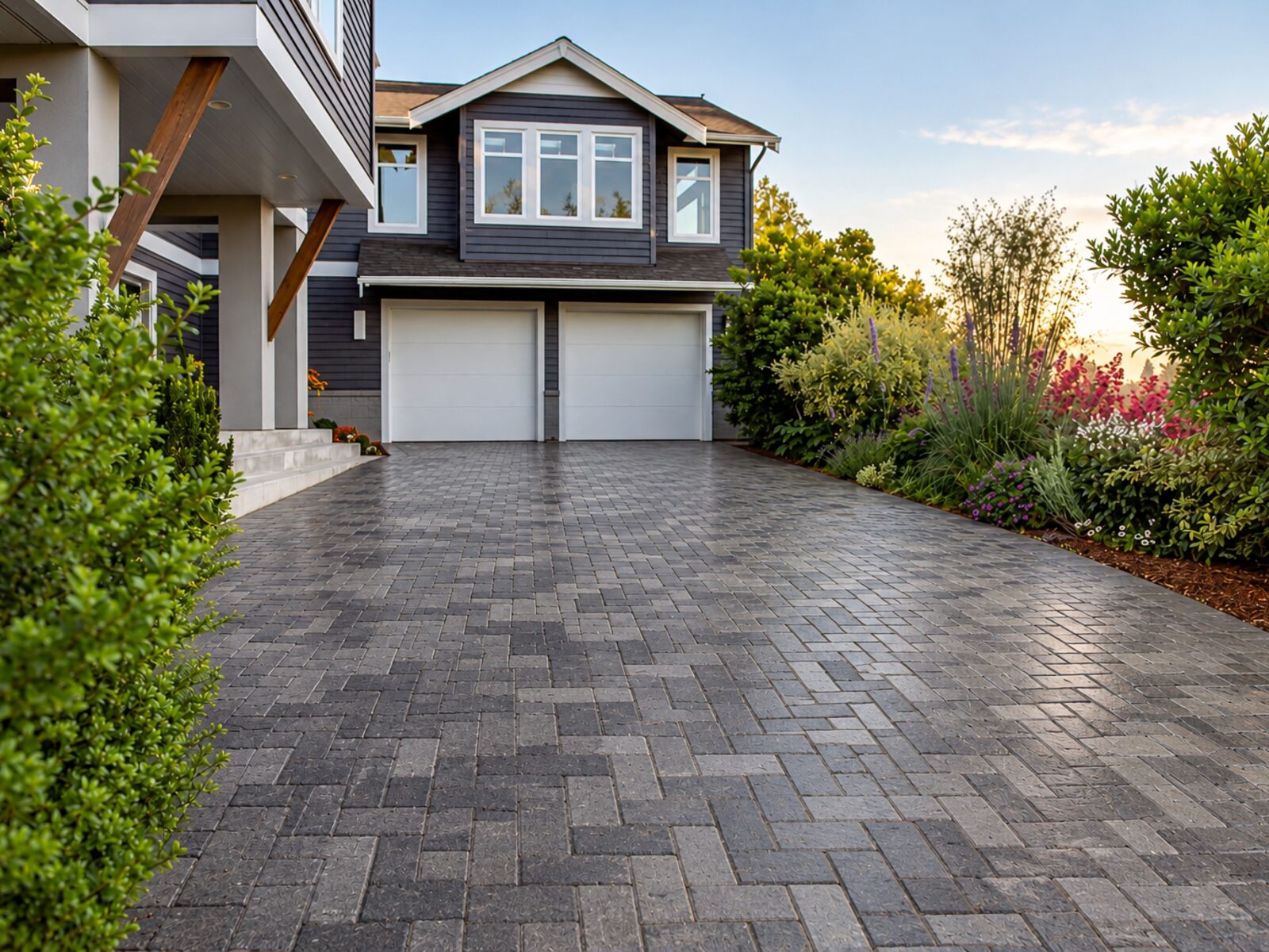 Paver driveway after sealing, with deeper color